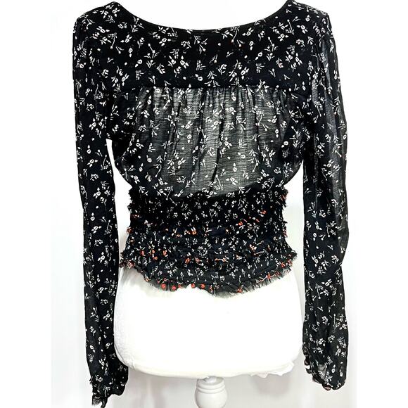 Free People Crop Top Black Small Long Sleeve Boho Tunic Blouse Floral Ruffled - Picture 5 of 10